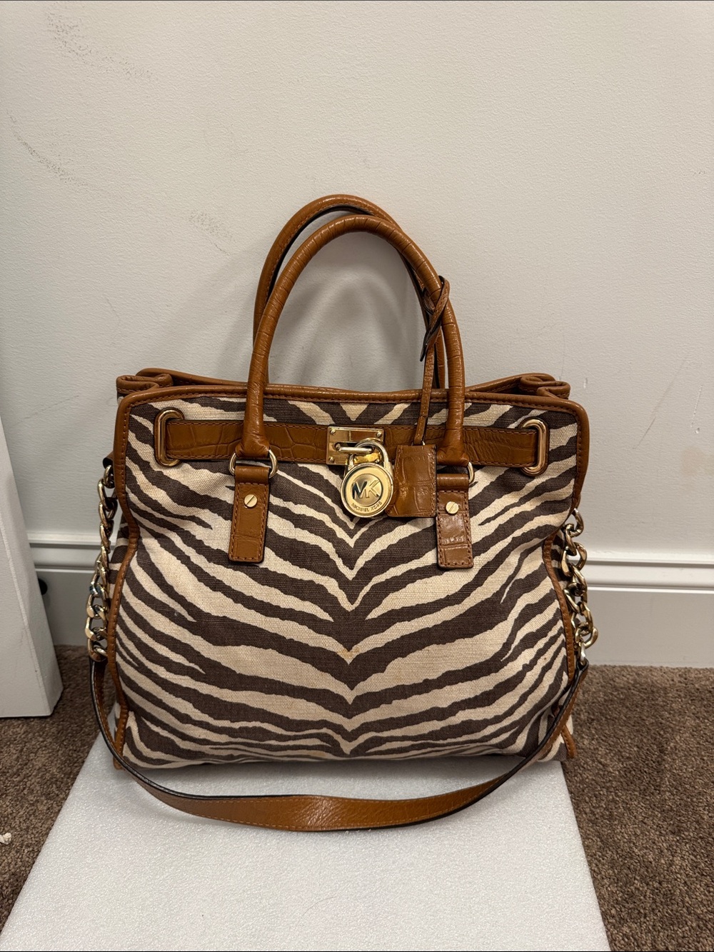 Michael kors Hamilton zebra print canvas and leather tote satchel bag purse